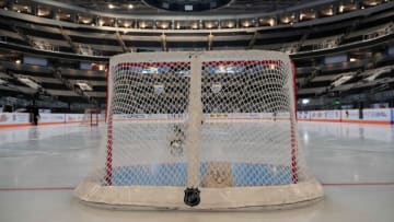 December 1, 2009; San Jose, CA, USA; General view of the ice rink and goalie hockey net before the game between the Ottawa Senators and the San Jose Sharks at HP Pavilion. The Sharks defeated the Senators 5-2. Mandatory Credit: Kyle Terada-USA TODAY Sports