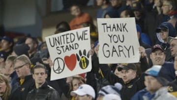 Nov 14, 2015; Kansas City, MO, USA; Missouri Tigers fans show their support for the tragedy in Paris and appreciation for head coach Gary Pinkel (not shown) during the first half against the Brigham Young Cougars at Arrowhead Stadium. Mandatory Credit: Denny Medley-USA TODAY Sports
