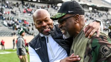 Michigan State's interim head coach Harlon Barnett, right, celebrates with athletic director Alan Haller after beating Nebraska on Saturday, Nov. 4, 2023, at Spartan Stadium in East Lansing.