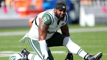 Oct 18, 2015; East Rutherford, NJ, USA; New York Jets defensive tackle Sheldon Richardson (91) warms up prior to the game against the Washington Redskins at MetLife Stadium. Mandatory Credit: Brad Penner-USA TODAY Sports