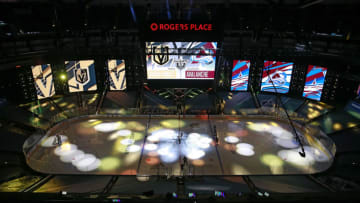 EDMONTON, ALBERTA - AUGUST 08: The Vegas Golden Knights and Colorado Avalanche stand for the national anthem prior to a Western Conference Round Robin game during the 2020 NHL Stanley Cup Playoff at Rogers Place on August 08, 2020 in Edmonton, Alberta. (Photo by Jeff Vinnick/Getty Images)