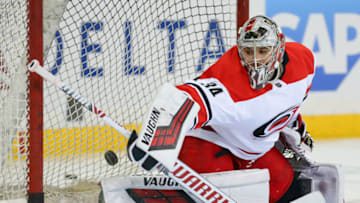 NEW YORK, NY - JANUARY 15: Carolina Hurricanes Goalie Petr Mrazek (34) in action prior to the National Hockey League game between the Carolina Hurricanes and the New York Rangers on January 15, 2019 at Madison Square Garden in New York, NY. (Photo by Joshua Sarner/Icon Sportswire via Getty Images)