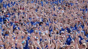 LAWRENCE, KS - SEPTEMBER 19: Students of the Kansas Jayhawks cheer in the stands during the game against the Duke Blue Devils on Kivisto Field at Memorial Stadium on September 19, 2009 in Lawrence, Kansas. (Photo by Jamie Squire/Getty Images)