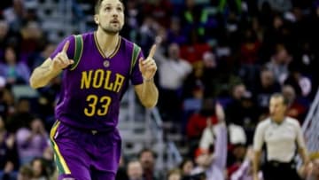 Feb 4, 2016; New Orleans, LA, USA; New Orleans Pelicans forward Ryan Anderson (33) reacts after scoring against the Los Angeles Lakers during a game at the Smoothie King Center. The Lakers defeated the Pelicans 99-96. Mandatory Credit: Derick E. Hingle-USA TODAY Sports