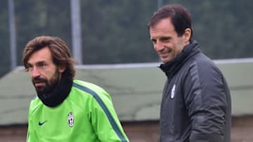 Juventus, Andrea Pirlo, Max Allegri (Photo credit should read GIUSEPPE CACACE/AFP via Getty Images)