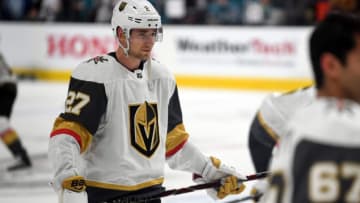 SAN JOSE, CA - APRIL 10: Shea Theodore #27 of the Vegas Golden Knights warms up prior to Game One of the Western Conference First Round against the San Jose Sharks during the 2019 Stanley Cup Playoffs at SAP Center on April 10, 2019 in San Jose, California. (Photo by Jeff Bottari/NHLI via Getty Images)
