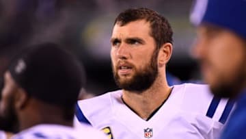 Dec 5, 2016; East Rutherford, NJ, USA;Indianapolis Colts quarterback Andrew Luck (12) looks on during the first half against the New York Jets at MetLife Stadium. Mandatory Credit: Robert Deutsch-USA TODAY Sports