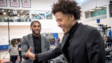 Detroit Pistons draft picks Isaiah Livers, left, and Cade Cunningham (Photo by Nic Antaya/Getty Images)