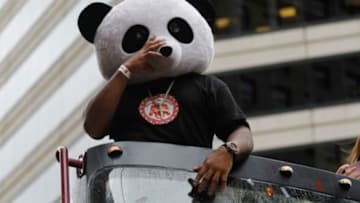 Oct 31, 2014; San Francisco, CA, USA; San Francisco Giants third baseman Pablo Sandoval (48) wears a panda costume head during the World Series victory parade on Market Street. Mandatory Credit: Kelley L Cox-USA TODAY Sports