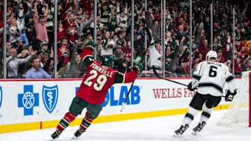 Oct 18, 2016; Saint Paul, MN, USA; Minnesota Wild forward Jason Pominville (29) celebrates his goal during the first period against the Los Angeles Kings at Xcel Energy Center. Mandatory Credit: Brace Hemmelgarn-USA TODAY Sports