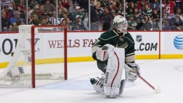 May 5, 2013; Saint Paul, MN, USA; Minnesota Wild goalie Josh Harding (37) reacts after giving up a goal against Chicago Blackhawks during the third period in game three of the first round of the 2013 Stanley Cup playoffs at Xcel Energy Center. Mandatory Credit: Brace Hemmelgarn-USA TODAY Sports