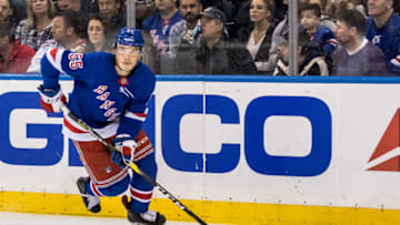 NEW YORK, NY - NOVEMBER 10: New York Rangers Defenceman Ryan Lindgren (55) on ice during an Eastern Conference match-up between the Florida Panthers and the New York Rangers on November 10, 2019, at Madison Square Garden in New York, NY. (Photo by David Hahn/Icon Sportswire via Getty Images)