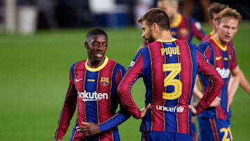 BARCELONA, SPAIN - SEPTEMBER 19: Ousmane Dembele of FC Barcelona speaks to Gerard Pique during the Joan Gamper Trophy match between FC Barcelona and Elche CF on September 19, 2020 in Barcelona, Spain. (Photo by Alex Caparros/Getty Images)