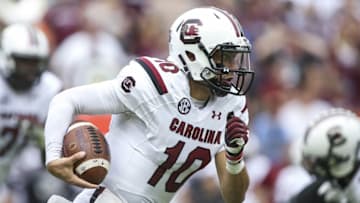 Oct 31, 2015; College Station, TX, USA; South Carolina Gamecocks quarterback Perry Orth (10) runs with the ball on a keeper during the second quarter against the Texas A&M Aggies at Kyle Field. Mandatory Credit: Troy Taormina-USA TODAY Sports