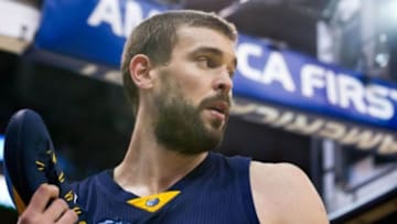 Memphis Grizzlies center Marc Gasol (33) loses his shoe during the first half against the Utah Jazz at EnergySolutions Arena. Mandatory Credit: Russ Isabella-USA TODAY Sports