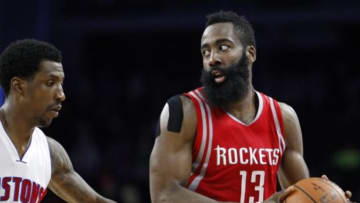 Nov 30, 2015; Auburn Hills, MI, USA; Houston Rockets guard James Harden (13) guarded by Detroit Pistons guard Kentavious Caldwell-Pope (5) during the fourth quarter at The Palace of Auburn Hills. Pistons win 116-105. Mandatory Credit: Raj Mehta-USA TODAY Sports