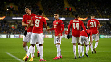 BRUGGE, BELGIUM - FEBRUARY 20: Anthony Martial of Manchester United is congratulated by teammates Harry Maguire and Andreas Pereira after scoring his teams first goal during the UEFA Europa League round of 32 first leg match between Club Brugge and Manchester United at Jan Breydel Stadium on February 20, 2020 in Brugge, Belgium. (Photo by Dean Mouhtaropoulos/Getty Images)
