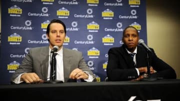 March 19, 2012; Denver, CO, USA; Denver Nuggets president Josh Kroenke (left) and executive vice president of basketball operations Masai Ujiri (right) speak to the media during a press conference held at the Pepsi Center. Mandatory Credit: Ron Chenoy-USA TODAY Sports