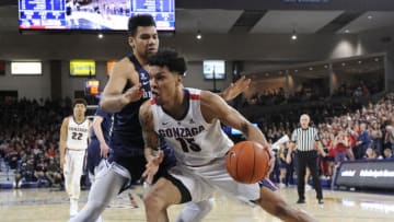 SPOKANE, WA - FEBRUARY 23: Gonzaga forward Brandon Clarke (15) works against BYU forward Yoeli Childs (23) before scoring during the game between the BYU Cougars and the Gonzaga Bulldogs played on February 23, 2019 in Spokane, Washington at the McCarthey Athletic Center. (Photo by Robert Johnson/Icon Sportswire via Getty Images)