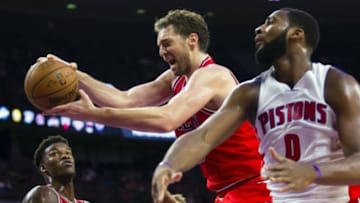 Oct 7, 2014; Auburn Hills, MI, USA; Chicago Bulls forward Pau Gasol (16) grabs the rebound on Detroit Pistons cent at Andre Drummond (0) in the third quarter at The Palace of Auburn Hills. Mandatory Credit: Rick Osentoski-USA TODAY Sports