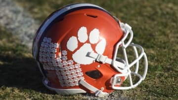 Jan 9, 2016; Scottsdale, AZ, USA; General view of a Clemson Tigers helmet during practice at Scottsdale Community College. Mandatory Credit: Shanna Lockwood-USA TODAY Sports