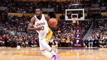 LOS ANGELES, CA - JANUARY 21: Julius Randle #30 of the Los Angeles Lakers goes to the basket against the New York Knicks on January 21, 2018 at STAPLES Center in Los Angeles, California. NOTE TO USER: User expressly acknowledges and agrees that, by downloading and/or using this Photograph, user is consenting to the terms and conditions of the Getty Images License Agreement. Mandatory Copyright Notice: Copyright 2018 NBAE (Photo by Andrew D. Bernstein/NBAE via Getty Images)