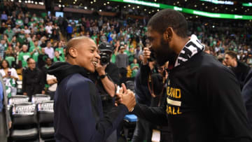 BOSTON, MA - MAY 25: Isaiah Thomas #4 of the Boston Celtics and Kyrie Irving #2 of the Cleveland Cavaliers are seen after the game in Game Five of the Eastern Conference Finals of the 2017 NBA Playoffs on May 25, 2017 at the TD Garden in Boston, Massachusetts. NOTE TO USER: User expressly acknowledges and agrees that, by downloading and or using this photograph, User is consenting to the terms and conditions of the Getty Images License Agreement. Mandatory Copyright Notice: Copyright 2017 NBAE (Photo by Brian Babineau/NBAE via Getty Images)
