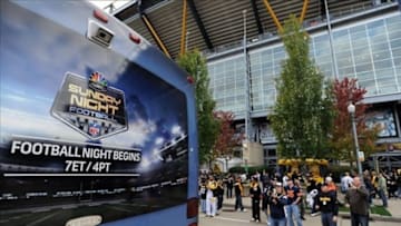 Sep 22, 2013; Pittsburgh, PA, USA; The Sunday Night Football bus sits outside of Heinz Field as fans take photos of it before the Pittsburgh Steelers take on the Chicago Bears. Mandatory Credit: Jason Bridge-USA TODAY Sports