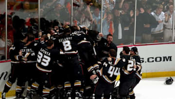 ANAHEIM, CA - JUNE 06: The Anaheim Ducks celebrates winning the 2007 Stanley Cup Finals 4 games to 1 over the Ottawa Senators during Game Five on June 6, 2007 at Honda Center in Anaheim, California. (Photo by Bruce Bennett/Getty Images)