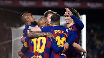 BARCELONA, SPAIN - MARCH 07: FC Barcelona players celebrate their opening goal scored by Lionel Messi during the Liga match between FC Barcelona and Real Sociedad at Camp Nou on March 07, 2020 in Barcelona, Spain. (Photo by Alex Caparros/Getty Images)