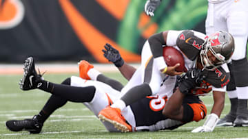 CINCINNATI, OH - OCTOBER 28: Carlos Dunlap #96 of the Cincinnati Bengals sacks Jameis Winston #3 of the Tampa Bay Buccaneers during the second quarter of the game at Paul Brown Stadium on October 28, 2018 in Cincinnati, Ohio. (Photo by John Grieshop/Getty Images)