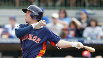 Mar 5, 2016; Kissimmee, FL, USA; Houston Astros shortstop Alex Bregman (82) bats during a spring training baseball game against the New York Mets at Osceola County Stadium. Mandatory Credit: Reinhold Matay-USA TODAY Sports