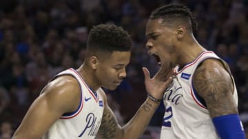 PHILADELPHIA, PA - APRIL 3: Markelle Fultz #20 and Richaun Holmes #22 of the Philadelphia 76ers react after a made basket and foul by Fultz in the third quarter against the Brooklyn Nets at the Wells Fargo Center on April 3, 2018 in Philadelphia, Pennsylvania. NOTE TO USER: User expressly acknowledges and agrees that, by downloading and or using this photograph, User is consenting to the terms and conditions of the Getty Images License Agreement. (Photo by Mitchell Leff/Getty Images)