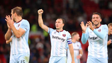 MANCHESTER, ENGLAND - SEPTEMBER 22: Mark Noble of West Ham United celebrates with team mates after the Carabao Cup Third Round match between Manchester United and West Ham United at Old Trafford on September 22, 2021 in Manchester, England. (Photo by Alex Livesey - Danehouse/Getty Images)