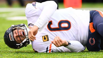 Nov 20, 2016; East Rutherford, NJ, USA; Chicago Bears quarterback Jay Cutler (6) lays on the field after a late hit by New York Giants defensive end Olivier Vernon (54, not pictured) at MetLife Stadium. Mandatory Credit: Robert Deutsch-USA TODAY Sports