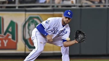 Kansas City Royals third basemen Mike Moustakas (8) - Credit: Peter G. Aiken-USA TODAY Sports