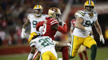 SANTA CLARA, CA - JANUARY 19: Deebo Samuel #19 of the San Francisco 49ers runs after making a reception during the game against the Green Bay Packers at Levi's Stadium on January 19, 2020 in Santa Clara, California. The 49ers defeated the Packers 37-20. (Photo by Michael Zagaris/San Francisco 49ers/Getty Images)