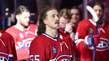 MONTREAL, CANADA - MARCH 13: Michael Pezzetta #55 of the Montreal Canadiens stands during the anthems against the Colorado Avalanche at Centre Bell on March 13, 2023 in Montreal, Quebec, Canada. The Colorado Avalanche defeated the Montreal Canadiens 8-4. (Photo by Minas Panagiotakis/Getty Images)