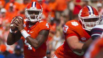 Sep 17, 2016; Clemson, SC, USA; Clemson Tigers quarterback Deshaun Watson (4) looks to pass the ball during the first quarter against the South Carolina State Bulldogs at Clemson Memorial Stadium. Mandatory Credit: Joshua S. Kelly-USA TODAY Sports