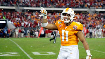 JACKSONVILLE, FL - JANUARY 02: Henry To'o To'o #11 of the Tennessee Volunteers celebrates during the TaxSlayer Gator Bowl against the Indiana Hoosiers at TIAA Bank Field on January 2, 2020 in Jacksonville, Florida. Tennessee defeated Indiana 23-22. (Photo by Joe Robbins/Getty Images)