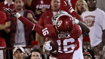 Sep 17, 2016; Norman, OK, USA; Ohio State Buckeyes wide receiver Noah Brown (80) makes a touchdown catch against Oklahoma Sooners defensive back Michiah Quick (16) during the second quarter at Gaylord Family - Oklahoma Memorial Stadium. Mandatory Credit: Kevin Jairaj-USA TODAY Sports