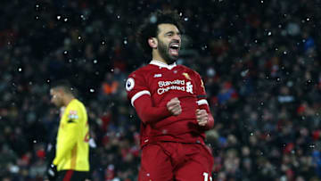 Liverpool Player Ratings: Mohamed Salah of Liverpool celebrates scoring his side's fourth goal during the Premier League match between Liverpool and Watford at Anfield on March 17, 2018 in Liverpool, England. (Photo by Jan Kruger/Getty Images)