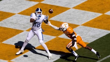 Kentucky tight end Keaton Upshaw (88) misses a pass thrown to him in the end zone as Tennessee defensive back Trevon Flowers (1) defends during a SEC conference football game between the Tennessee Volunteers and the Kentucky Wildcats held at Neyland Stadium in Knoxville, Tenn., on Saturday, October 17, 2020.Kns Ut Football Kentucky Bp