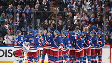 NEW YORK, NY - APRIL 22: The New York Rangers celebrate after defeating the Montreal Canadiens 3-1 in Game Six of the Eastern Conference First Round during the 2017 NHL Stanley Cup Playoffs at Madison Square Garden on April 22, 2017 in New York City. (Photo by Jared Silber/NHLI via Getty Images)