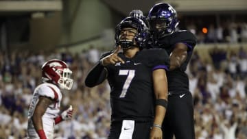 Sep 10, 2016; Fort Worth, TX, USA; TCU Horned Frogs quarterback Kenny Hill (7) celebrates after scoring a touchdown during the game against the Arkansas Razorbacks at Amon G. Carter Stadium. Mandatory Credit: Kevin Jairaj-USA TODAY Sports