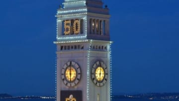 Feb 3, 2016; San Francisco, CA, USA; General view of the San Francisco Ferry terminal building with the No. 50 prior to Super Bowl 50. Mandatory Credit: Kirby Lee-USA TODAY Sports