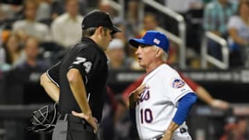 Sep 11, 2014; New York, NY, USA; New York Mets manager Terry Collins (10) gets tossed from the game while arguing with umpire John Tumpane (74) against the Washington Nationals at Citi Field. Mandatory Credit: Robert Deutsch-USA TODAY Sports