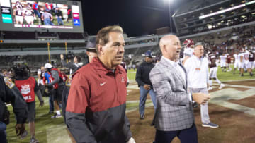 STARKVILLE, MISSISSIPPI - OCTOBER 16: Head coach Nick Saban of the Alabama Crimson Tide walks off the field after defeating the Mississippi State Bulldogs at Davis Wade Stadium on October 16, 2021 in Starkville, Mississippi. (Photo by Michael Chang/Getty Images)