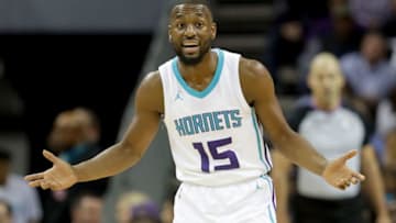 CHARLOTTE, NC - OCTOBER 25: Kemba Walker #15 of the Charlotte Hornets reacts after a play during their game against the Denver Nuggets at Spectrum Center on October 25, 2017 in Charlotte, North Carolina. NOTE TO USER: User expressly acknowledges and agrees that, by downloading and or using this photograph, User is consenting to the terms and conditions of the Getty Images License Agreement. (Photo by Streeter Lecka/Getty Images)