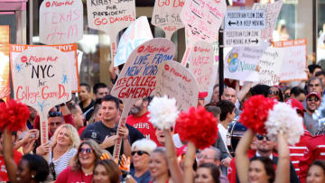 NEW YORK, NY - SEPTEMBER 23: College football fans support their favorite schools at ESPN College GameDay at Times Square on September 23, 2017 in New York City. (Photo by Abbie Parr/Getty Images)